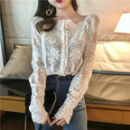 Mesh Pearls Shirts Strapless Lace Long Sleeve Gauze Stitching Blouse - SJB-DIAMOND ELITES