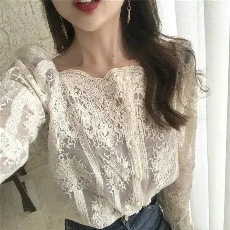 Mesh Pearls Shirts Strapless Lace Long Sleeve Gauze Stitching Blouse - SJB-DIAMOND ELITES