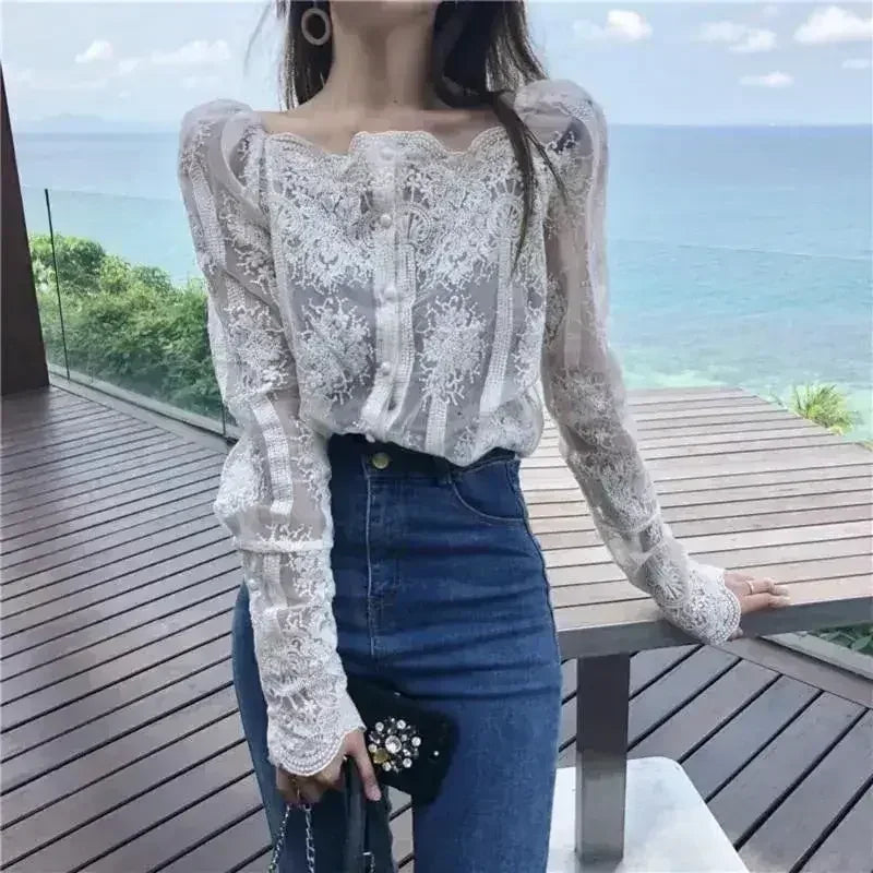 Mesh Pearls Shirts Strapless Lace Long Sleeve Gauze Stitching Blouse - SJB-DIAMOND ELITES