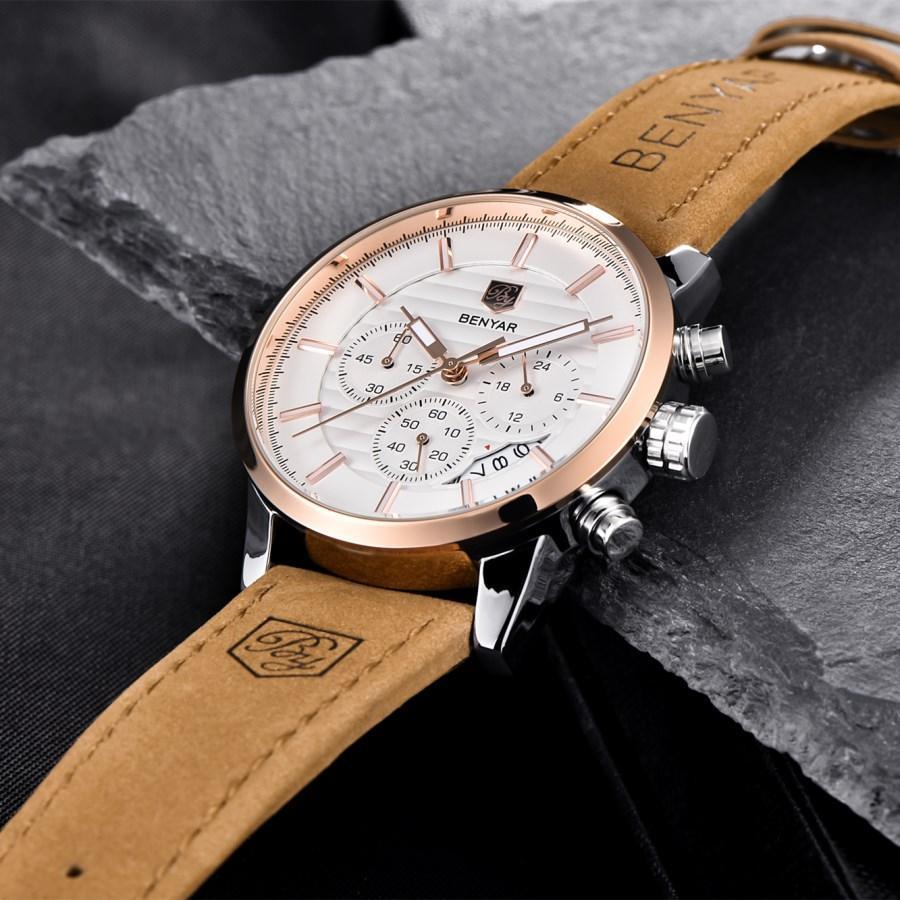 New Luxury Men Watches Chronograph Sports Watches Waterproof Casual Sport Leather Strap Quartz Men's Wrist Watch Stevvex