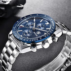 New Men Silver Blue Watch Business Analog Chronogragh Full Steel Luxury Casual Male Waterproof Sports Design Watches