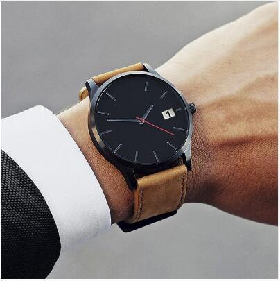 Men's Elegant Watch With Date Display And Stitched Leather Straps Unique Design Perfect Gift - SJB-DIAMOND ELITES