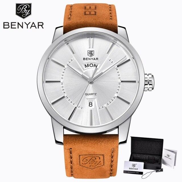Business Fashion Men Watches Brown Luxury Military Leather Band Wristwatches  Date Week Display Watch Stevvex
