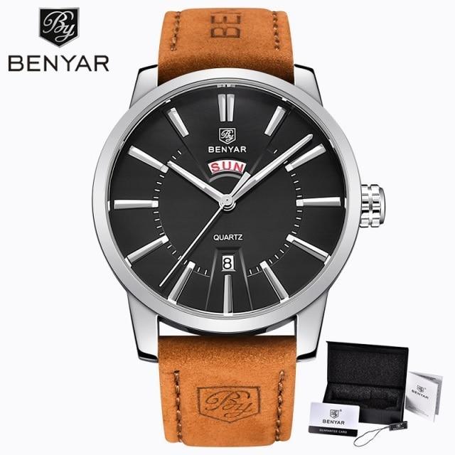 Business Fashion Men Watches Brown Luxury Military Leather Band Wristwatches  Date Week Display Watch Stevvex