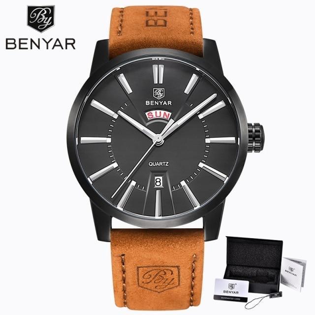 Business Fashion Men Watches Brown Luxury Military Leather Band Wristwatches  Date Week Display Watch Stevvex