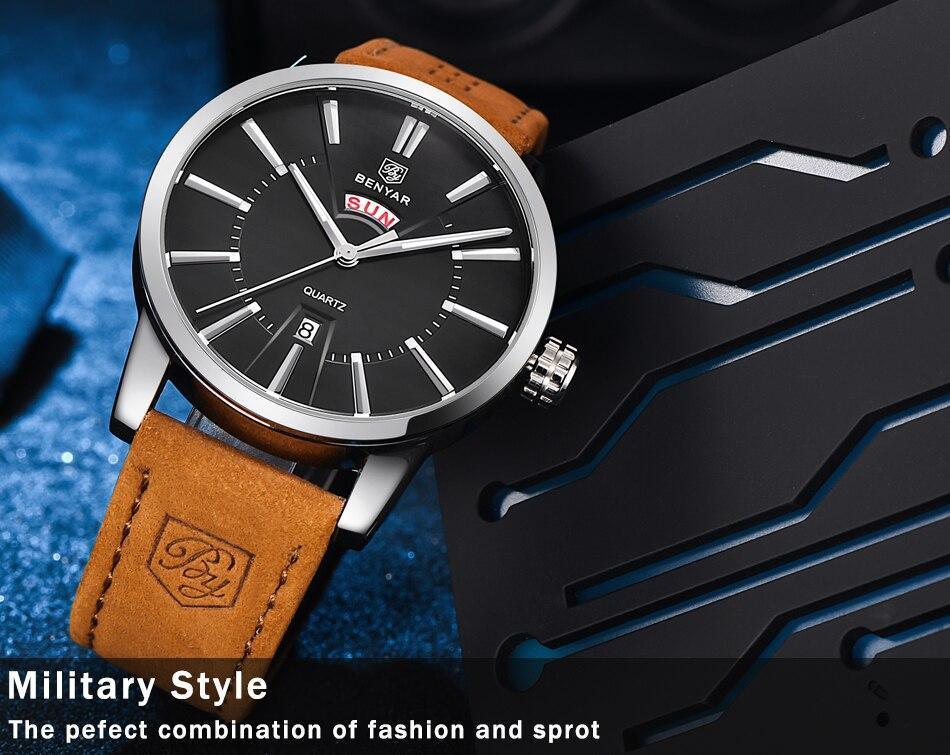 Business Fashion Men Watches Brown Luxury Military Leather Band Wristwatches  Date Week Display Watch Stevvex