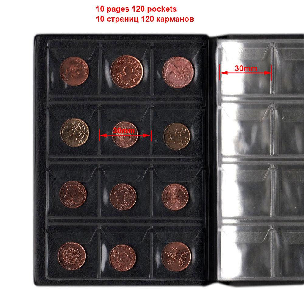 PU Leather Coin Album 10 Pages 120 Pockets Coin Album For Coins Pockets Commemorative Coin, Medallions Badges Collection Book Gifts For Friends And Coin Collectors Stevvex