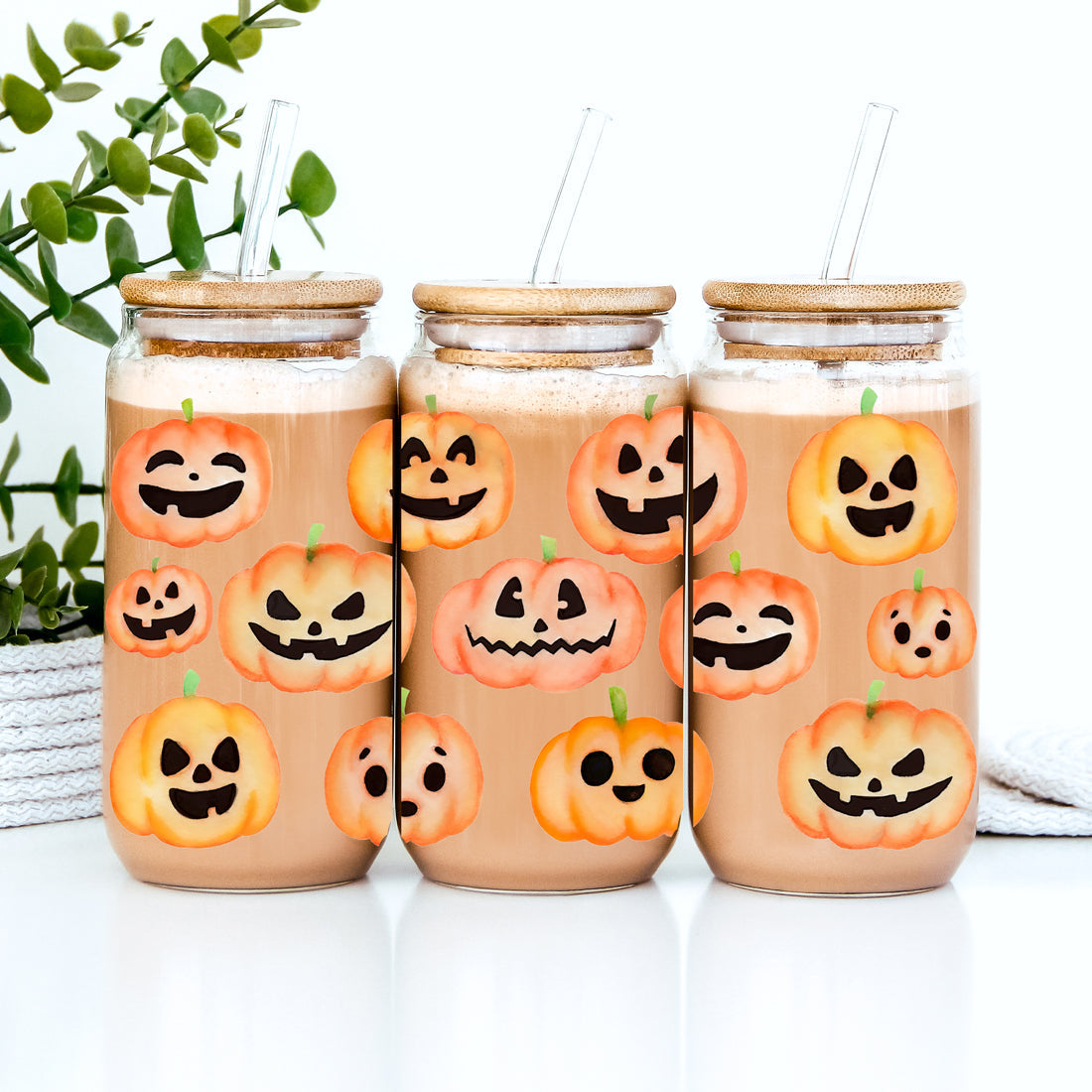 Pumpkin 20oz Glass Tumbler with Bamboo Lid, 2 Stainless Straws & Straw Cleaner BandsCo Straps