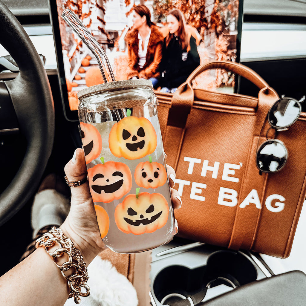 Pumpkin 20oz Glass Tumbler with Bamboo Lid, 2 Stainless Straws & Straw Cleaner BandsCo Straps