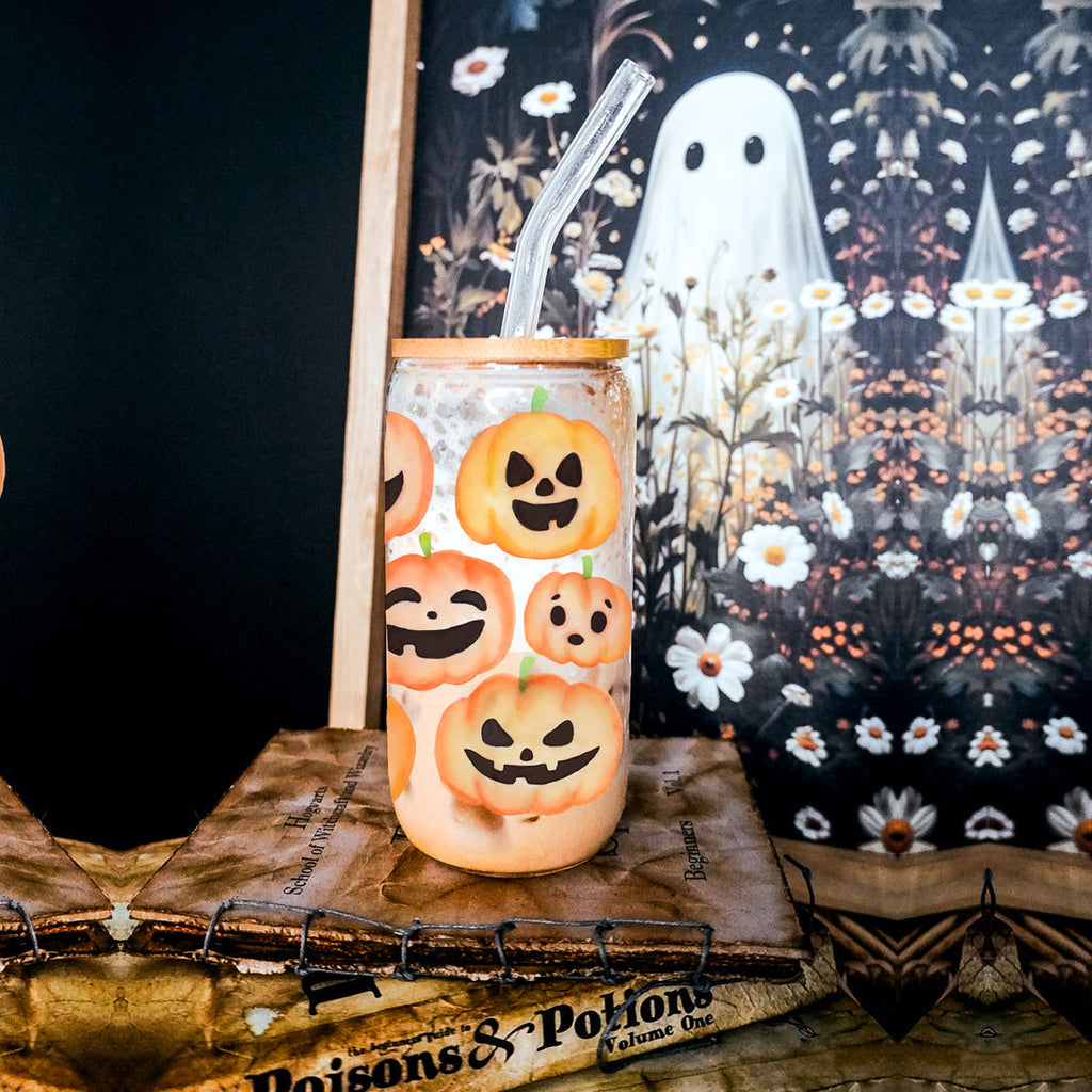 Pumpkin 20oz Glass Tumbler with Bamboo Lid, 2 Stainless Straws & Straw Cleaner BandsCo Straps