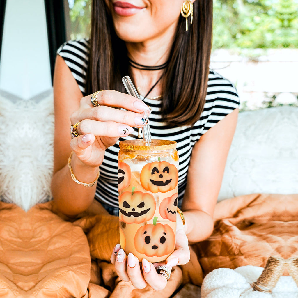 Pumpkin 20oz Glass Tumbler with Bamboo Lid, 2 Stainless Straws & Straw Cleaner BandsCo Straps