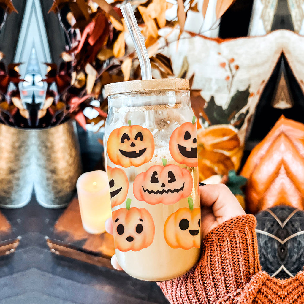 Pumpkin 20oz Glass Tumbler with Bamboo Lid, 2 Stainless Straws & Straw Cleaner BandsCo Straps