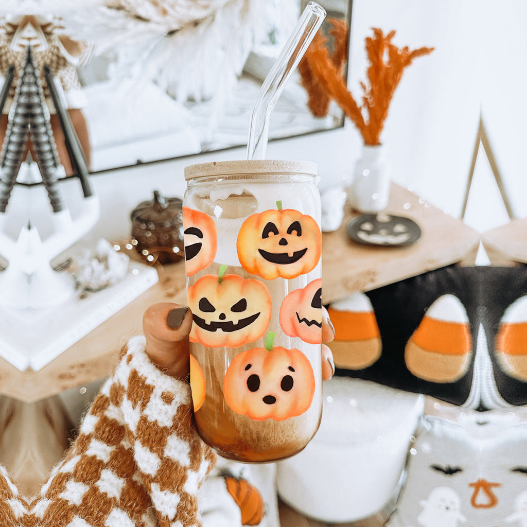 Pumpkin 20oz Glass Tumbler with Bamboo Lid, 2 Stainless Straws & Straw Cleaner BandsCo Straps