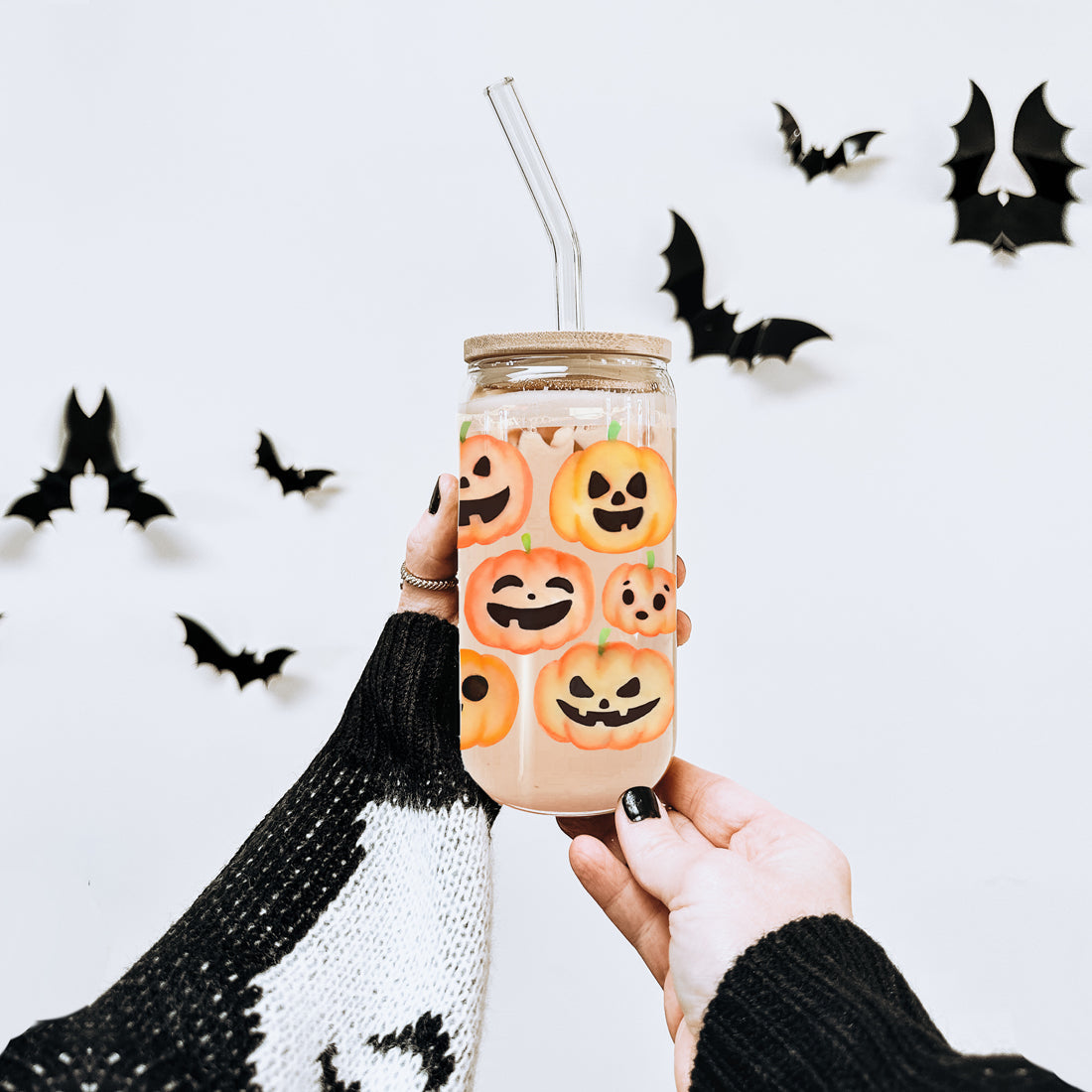 Pumpkin 20oz Glass Tumbler with Bamboo Lid, 2 Stainless Straws & Straw Cleaner BandsCo Straps
