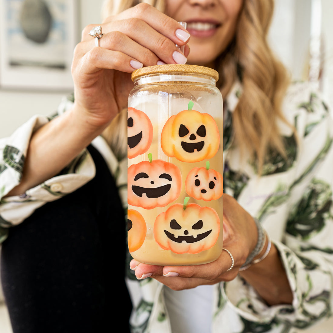 Pumpkin 20oz Glass Tumbler with Bamboo Lid, 2 Stainless Straws & Straw Cleaner BandsCo Straps