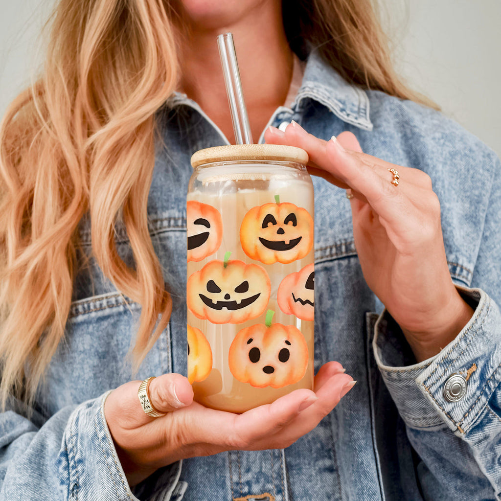 Pumpkin 20oz Glass Tumbler with Bamboo Lid, 2 Stainless Straws & Straw Cleaner BandsCo Straps