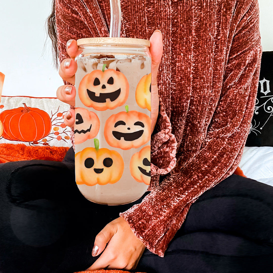 Pumpkin 20oz Glass Tumbler with Bamboo Lid, 2 Stainless Straws & Straw Cleaner BandsCo Straps