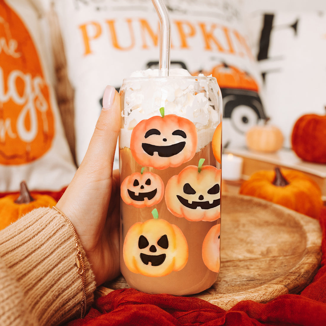 Pumpkin 20oz Glass Tumbler with Bamboo Lid, 2 Stainless Straws & Straw Cleaner BandsCo Straps