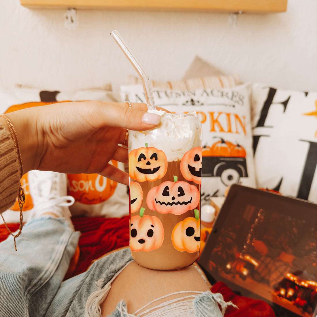 Pumpkin 20oz Glass Tumbler with Bamboo Lid, 2 Stainless Straws & Straw Cleaner BandsCo Straps