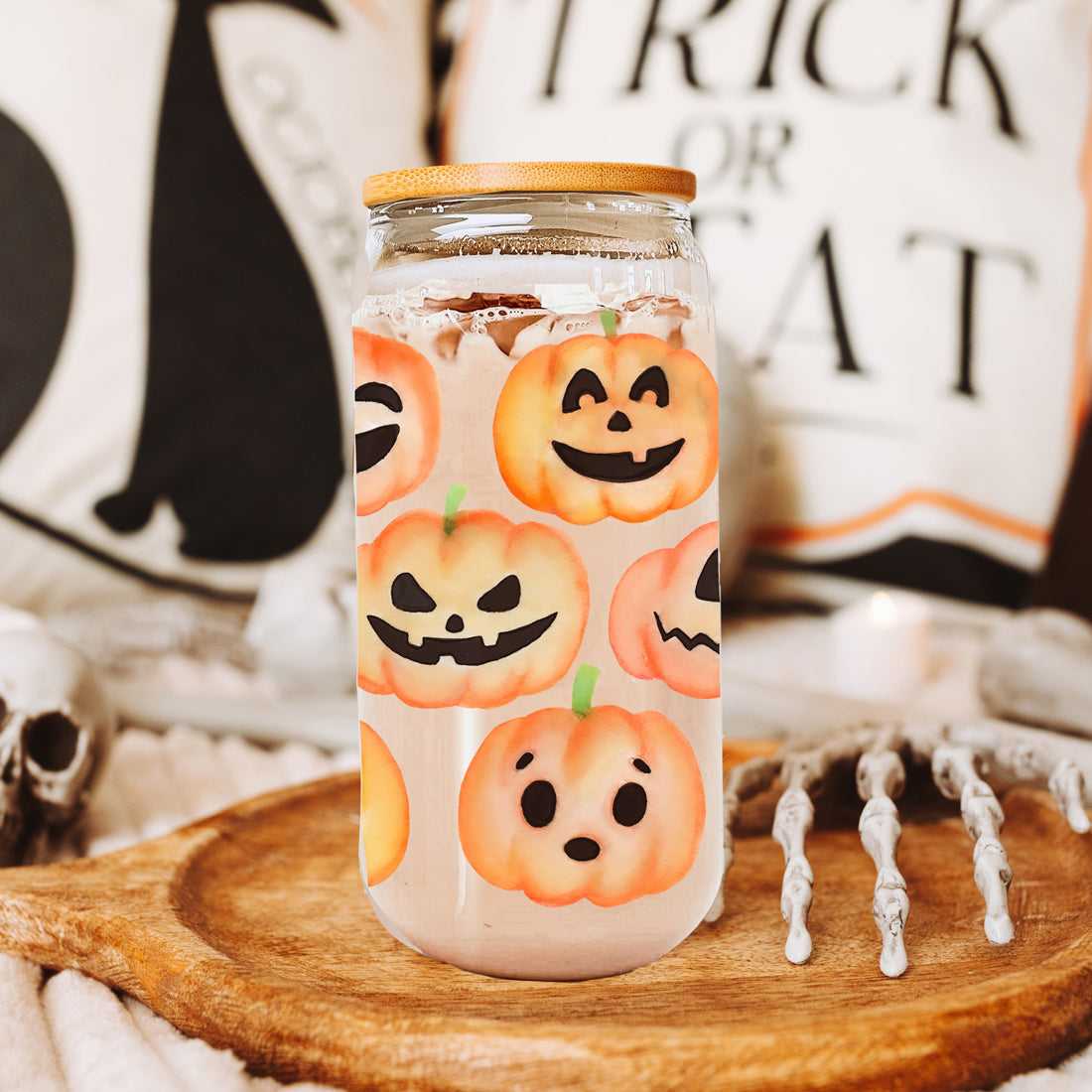 Pumpkin 20oz Glass Tumbler with Bamboo Lid, 2 Stainless Straws & Straw Cleaner BandsCo Straps