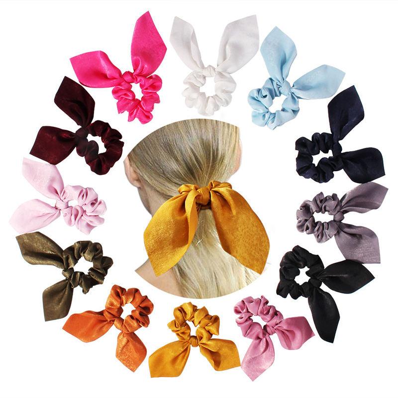Pure Color Elastic Hair Band Rabbit Ear Bow Pearl Hair Rope Satin Ponytail Scrunchie Bobbles Elastic Hair Ties Ropes Ponytail Holder Accessories for Women And Girls Stevvex
