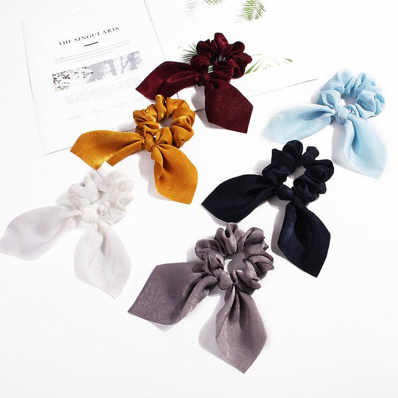 Pure Color Elastic Hair Band Rabbit Ear Bow Pearl Hair Rope Satin Ponytail Scrunchie Bobbles Elastic Hair Ties Ropes Ponytail Holder Accessories for Women And Girls Stevvex
