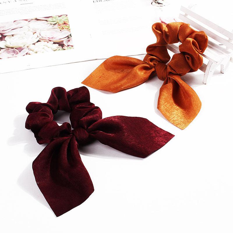 Pure Color Elastic Hair Band Rabbit Ear Bow Pearl Hair Rope Satin Ponytail Scrunchie Bobbles Elastic Hair Ties Ropes Ponytail Holder Accessories for Women And Girls Stevvex