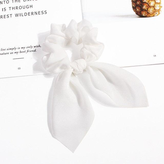 Pure Color Elastic Hair Band Rabbit Ear Bow Pearl Hair Rope Satin Ponytail Scrunchie Bobbles Elastic Hair Ties Ropes Ponytail Holder Accessories for Women And Girls Stevvex