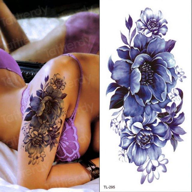 Purple 3D Flower Tattoos Waterproof Luxury Tattoo Rose Lotus Flower Body Art Fashion Stickers For Womens Stevvex