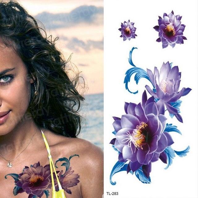 Purple 3D Flower Tattoos Waterproof Luxury Tattoo Rose Lotus Flower Body Art Fashion Stickers For Womens Stevvex