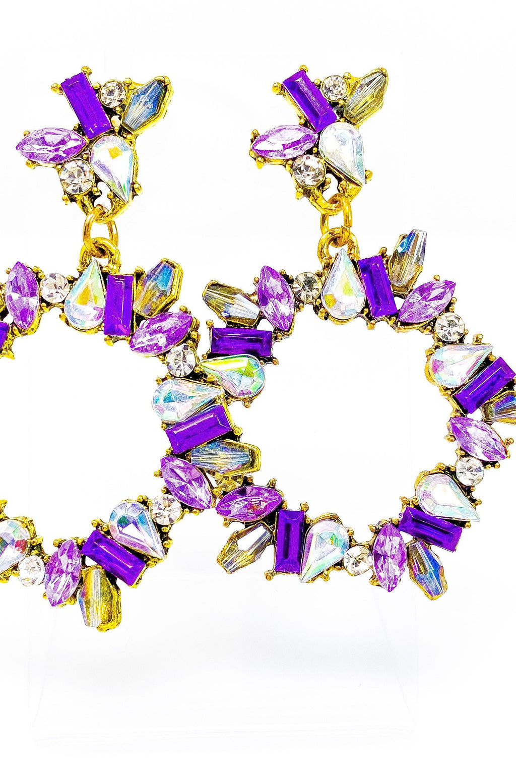 Purple Crystal Dangle Hoop Earrings With Gemstone Accent