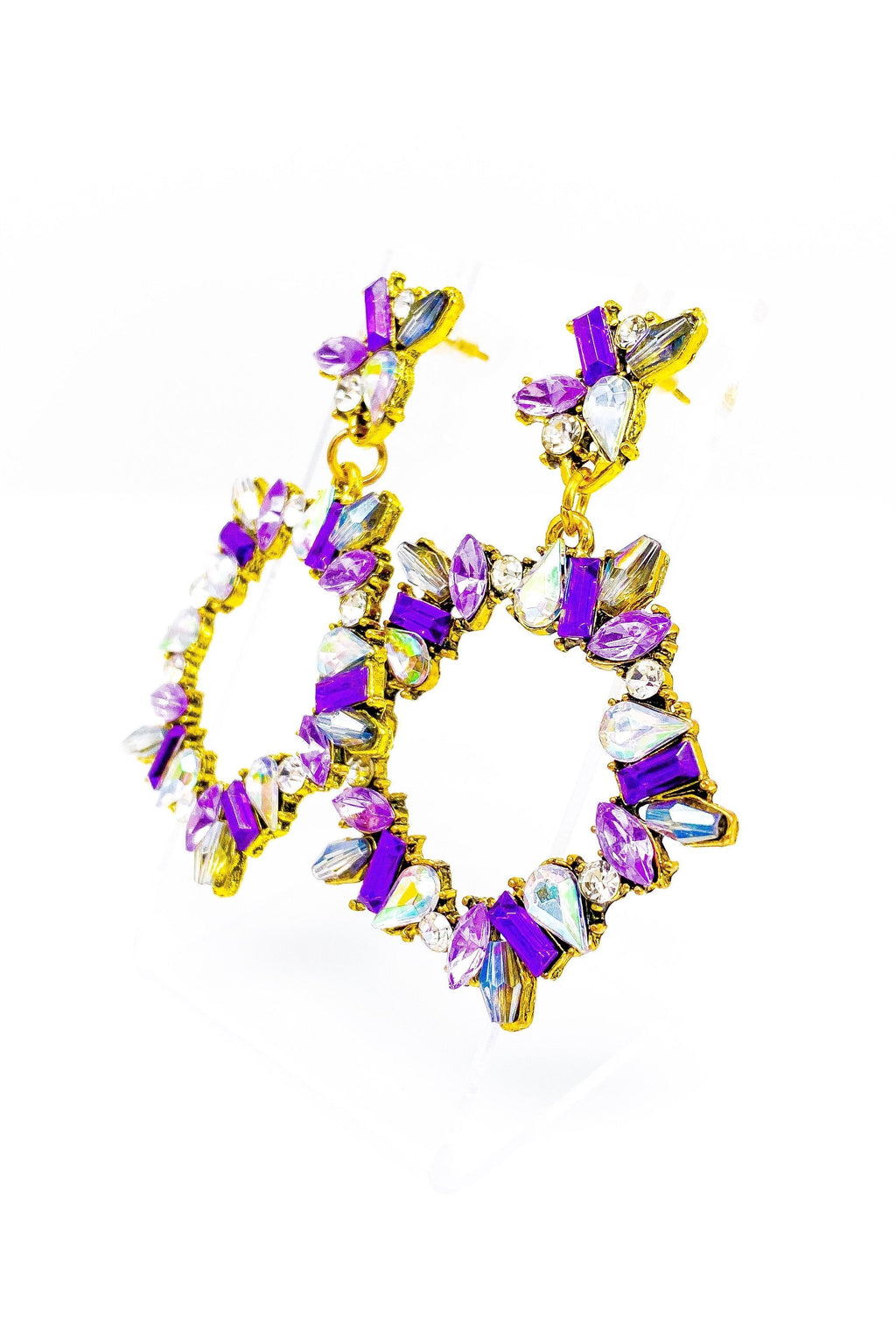 Purple Crystal Dangle Hoop Earrings With Gemstone Accent