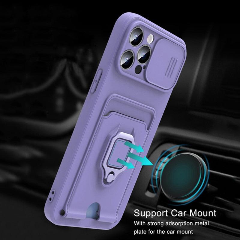 Purple Silicone Slide Camera Protector Case For iPhone 14 11 12 13 Pro Max X XR XS Magnetic Ring Card Holder Cover Heavy Duty Multifunctional Shockproof Magnetic Cover Case & Holder Stevvex