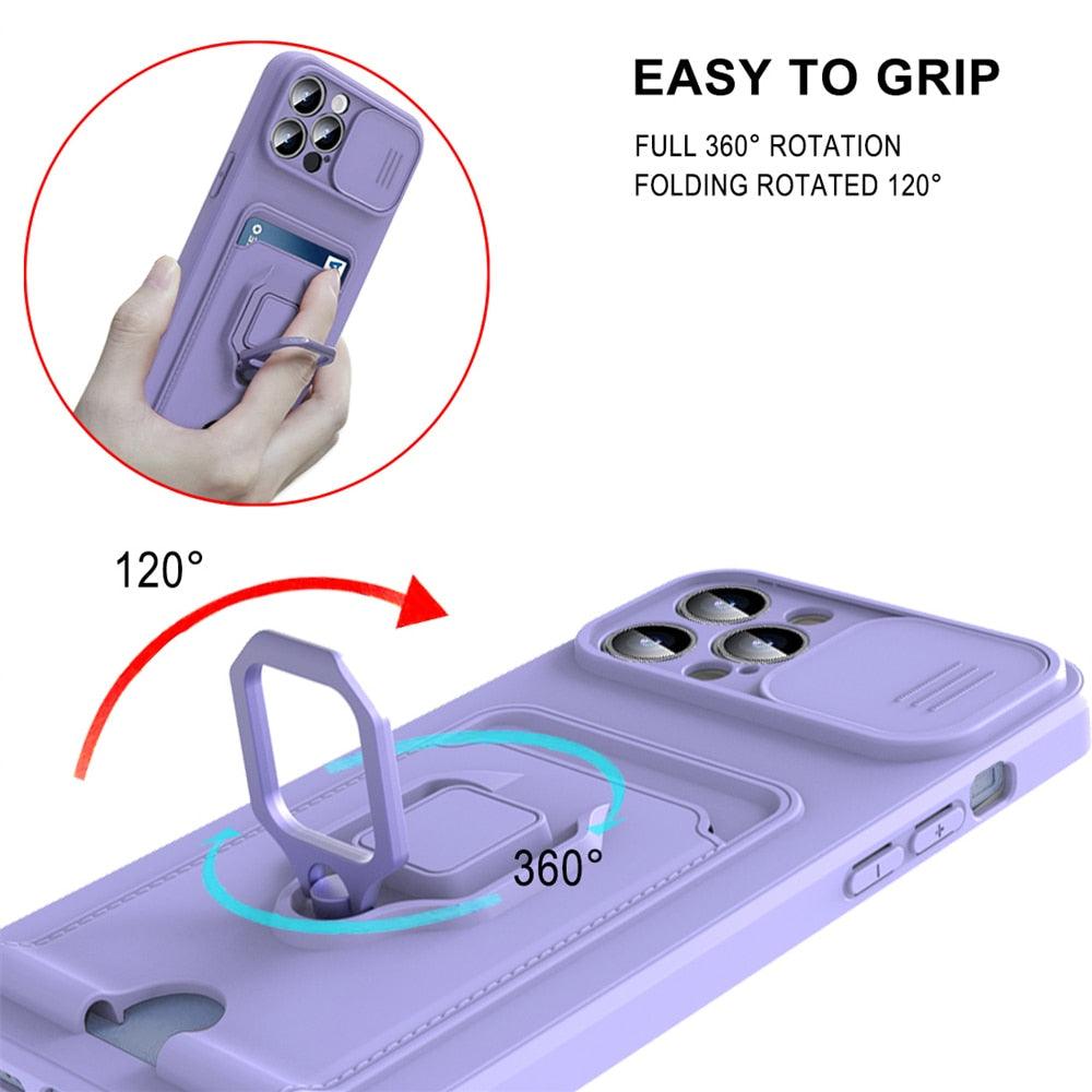 Purple Silicone Slide Camera Protector Case For iPhone 14 11 12 13 Pro Max X XR XS Magnetic Ring Card Holder Cover Heavy Duty Multifunctional Shockproof Magnetic Cover Case & Holder Stevvex