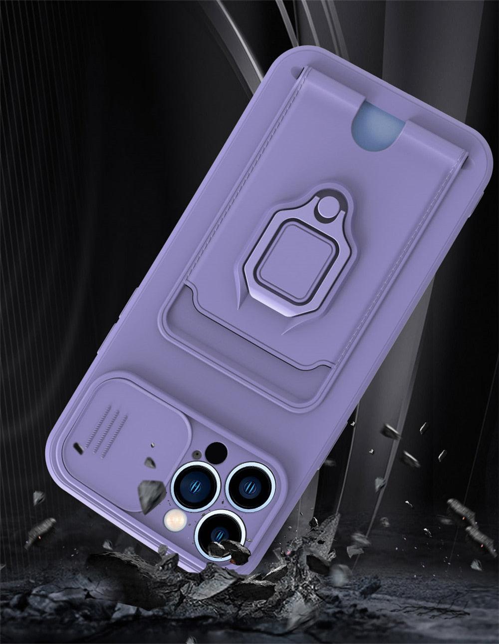 Purple Silicone Slide Camera Protector Case For iPhone 14 11 12 13 Pro Max X XR XS Magnetic Ring Card Holder Cover Heavy Duty Multifunctional Shockproof Magnetic Cover Case & Holder Stevvex