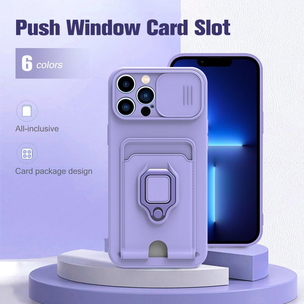 Purple Silicone Slide Camera Protector Case For iPhone 14 11 12 13 Pro Max X XR XS Magnetic Ring Card Holder Cover Heavy Duty Multifunctional Shockproof Magnetic Cover Case & Holder Stevvex