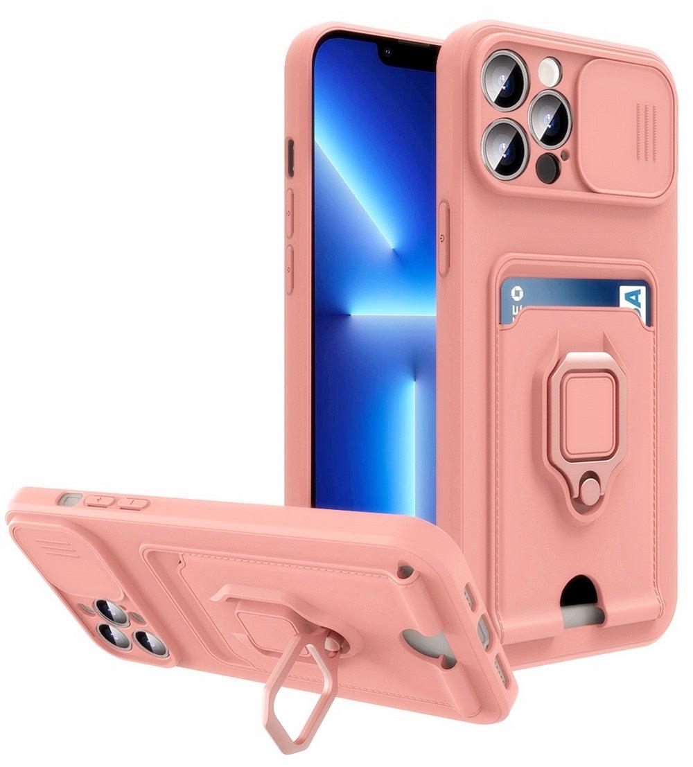 Purple Silicone Slide Camera Protector Case For iPhone 14 11 12 13 Pro Max X XR XS Magnetic Ring Card Holder Cover Heavy Duty Multifunctional Shockproof Magnetic Cover Case & Holder Stevvex