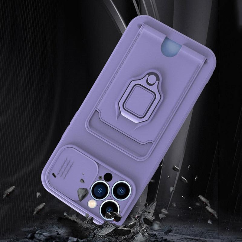 Purple Silicone Slide Camera Protector Case For iPhone 14 11 12 13 Pro Max X XR XS Magnetic Ring Card Holder Cover Heavy Duty Multifunctional Shockproof Magnetic Cover Case & Holder Stevvex