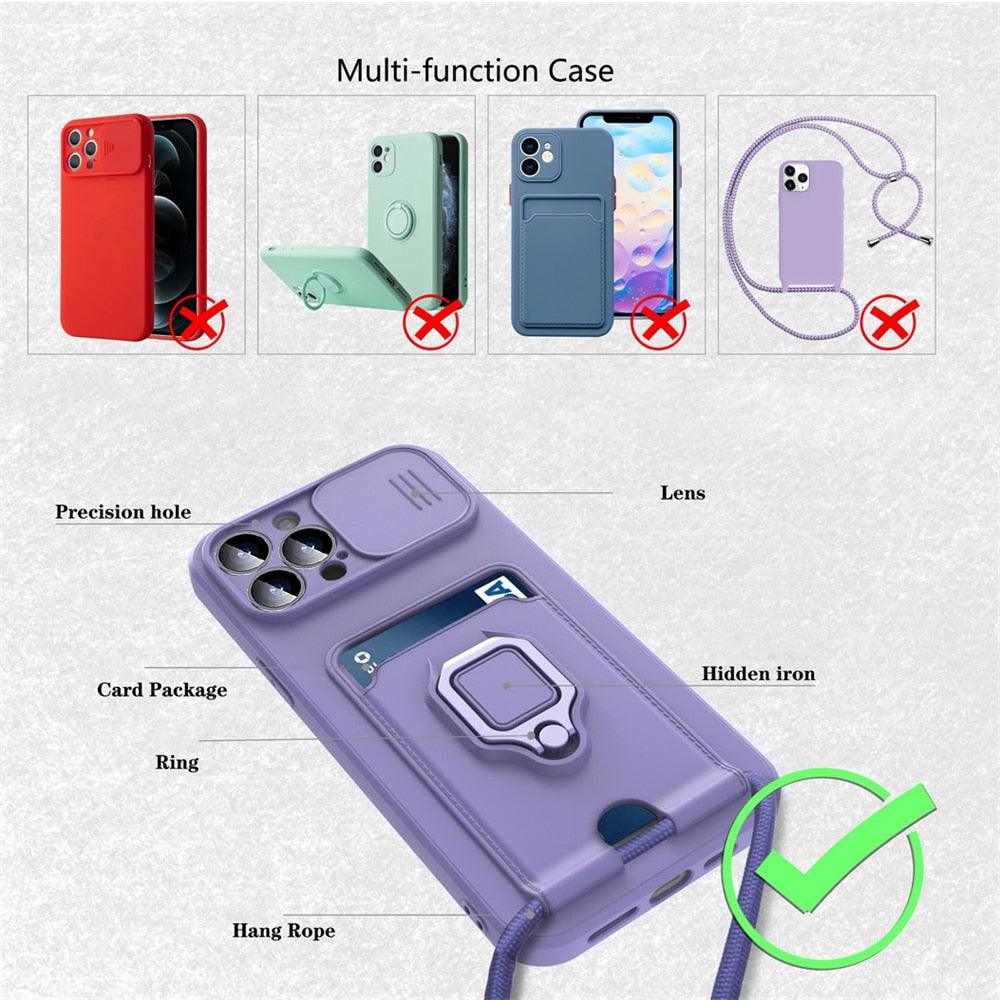 Purple Silicone Slide Camera Protector Case For iPhone 14 11 12 13 Pro Max X XR XS Magnetic Ring Card Holder Cover Heavy Duty Multifunctional Shockproof Magnetic Cover Case & Holder Stevvex