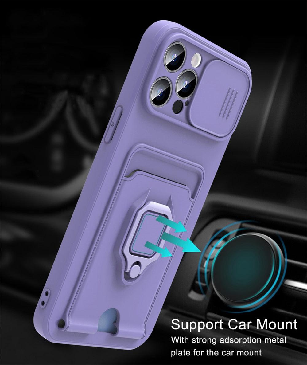 Purple Silicone Slide Camera Protector Case For iPhone 14 11 12 13 Pro Max X XR XS Magnetic Ring Card Holder Cover Heavy Duty Multifunctional Shockproof Magnetic Cover Case & Holder Stevvex