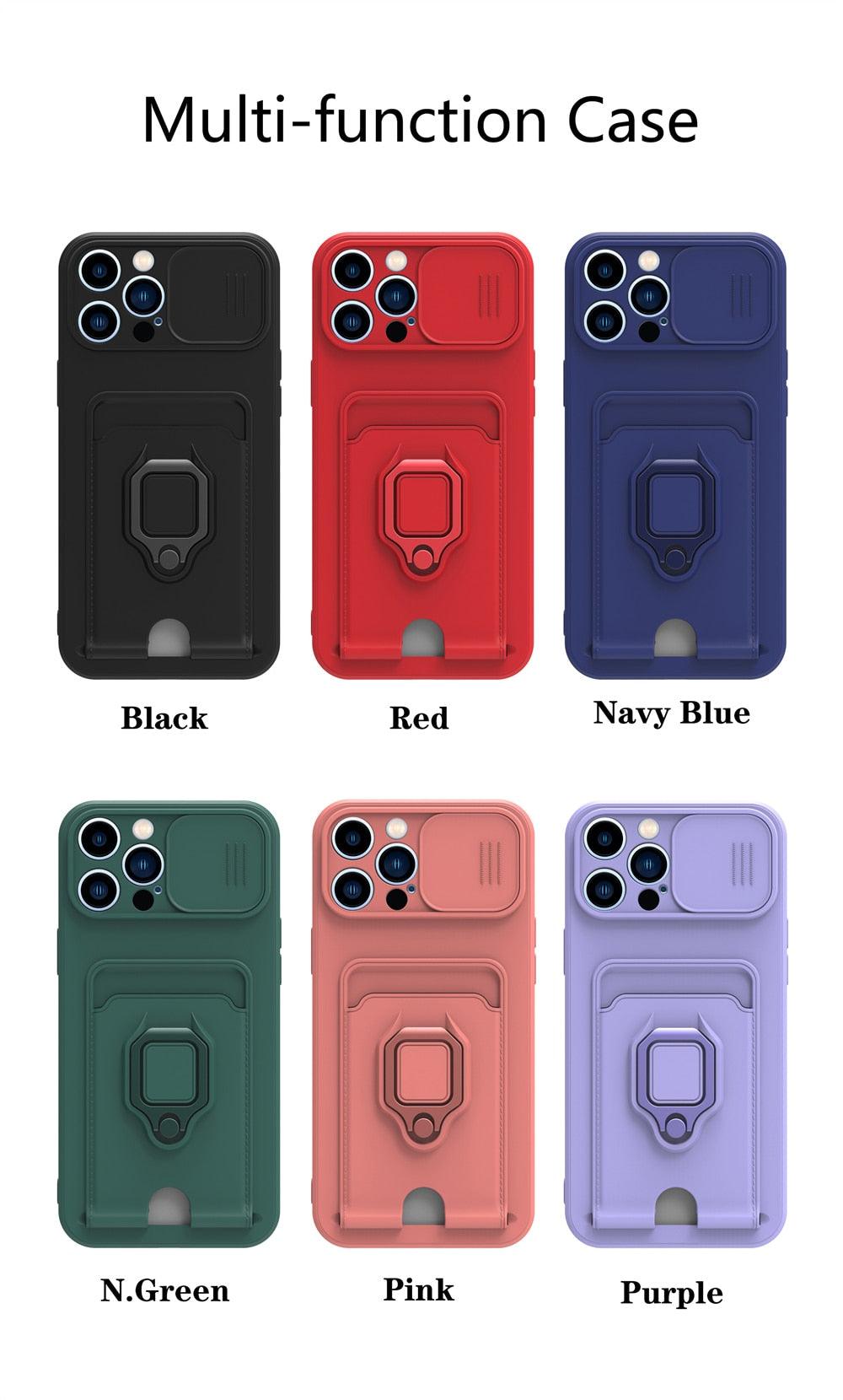 Purple Silicone Slide Camera Protector Case For iPhone 14 11 12 13 Pro Max X XR XS Magnetic Ring Card Holder Cover Heavy Duty Multifunctional Shockproof Magnetic Cover Case & Holder Stevvex