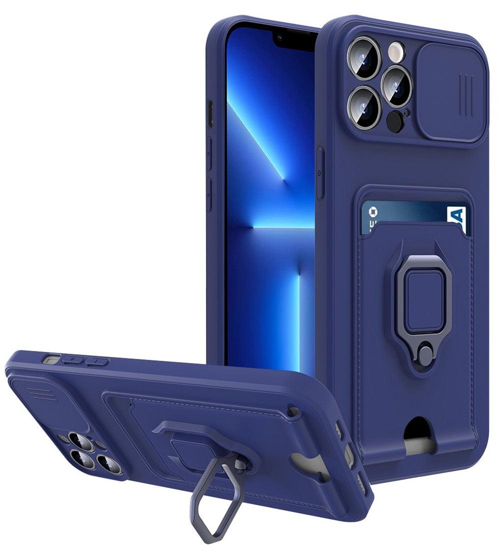 Purple Silicone Slide Camera Protector Case For iPhone 14 11 12 13 Pro Max X XR XS Magnetic Ring Card Holder Cover Heavy Duty Multifunctional Shockproof Magnetic Cover Case & Holder Stevvex