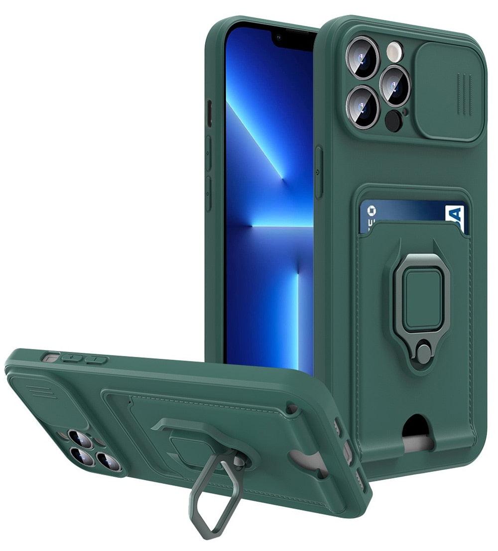 Purple Silicone Slide Camera Protector Case For iPhone 14 11 12 13 Pro Max X XR XS Magnetic Ring Card Holder Cover Heavy Duty Multifunctional Shockproof Magnetic Cover Case & Holder Stevvex