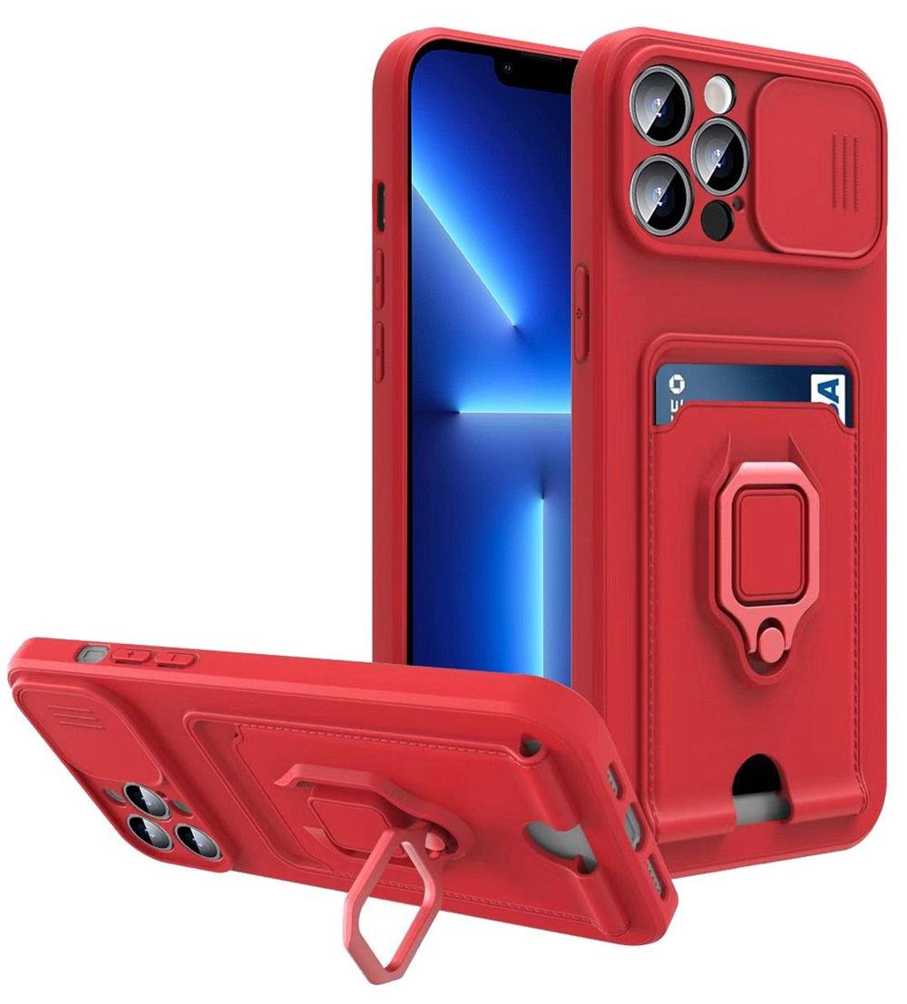 Purple Silicone Slide Camera Protector Case For iPhone 14 11 12 13 Pro Max X XR XS Magnetic Ring Card Holder Cover Heavy Duty Multifunctional Shockproof Magnetic Cover Case & Holder Stevvex
