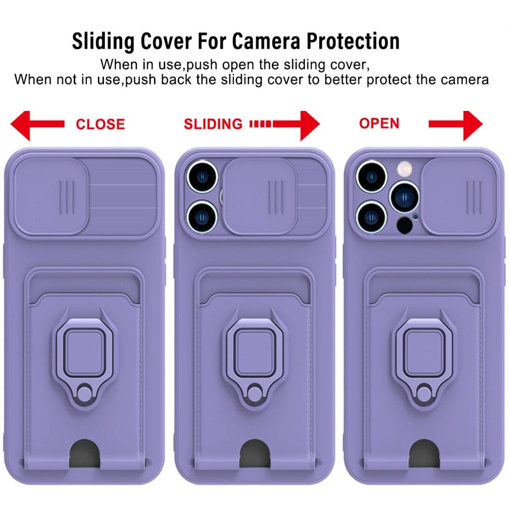 Purple Silicone Slide Camera Protector Case For iPhone 14 11 12 13 Pro Max X XR XS Magnetic Ring Card Holder Cover Heavy Duty Multifunctional Shockproof Magnetic Cover Case & Holder Stevvex