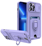 Purple Silicone Slide Camera Protector Case For iPhone 14 11 12 13 Pro Max X XR XS Magnetic Ring Card Holder Cover Heavy Duty Multifunctional Shockproof Magnetic Cover Case & Holder Stevvex