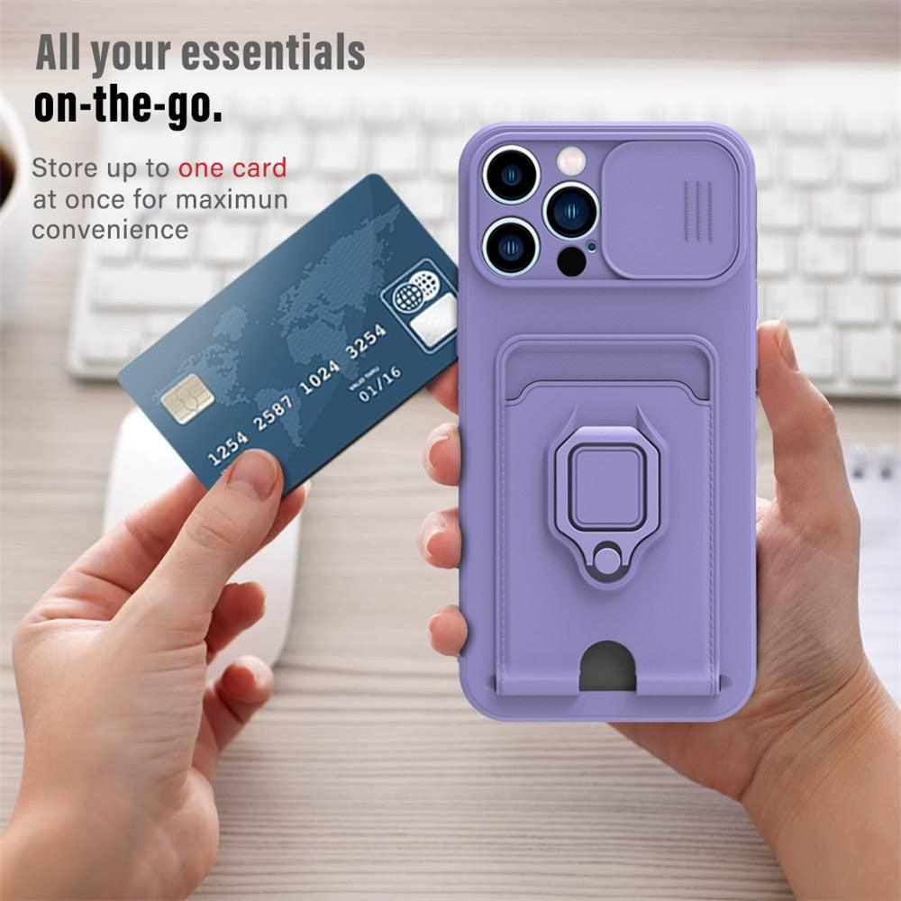 Purple Silicone Slide Camera Protector Case For iPhone 14 11 12 13 Pro Max X XR XS Magnetic Ring Card Holder Cover Heavy Duty Multifunctional Shockproof Magnetic Cover Case & Holder Stevvex