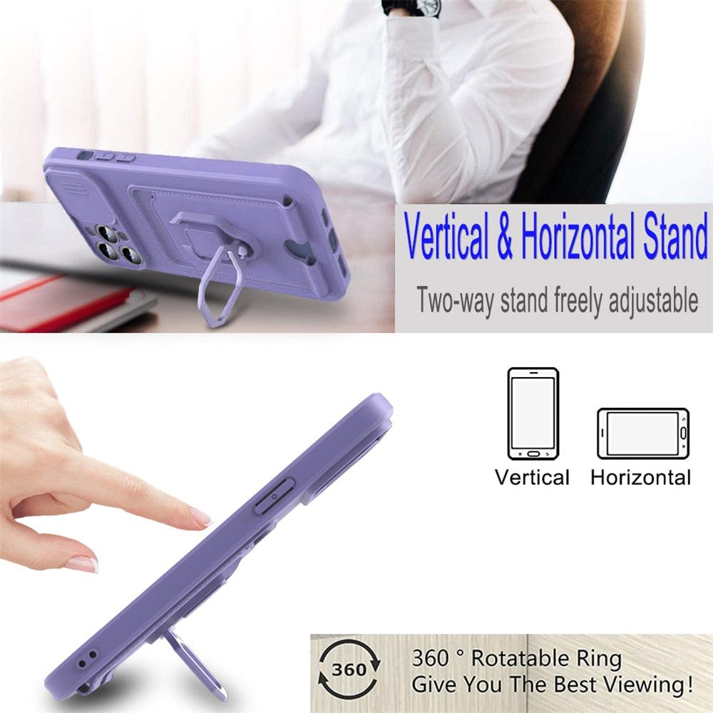 Purple Silicone Slide Camera Protector Case For iPhone 14 11 12 13 Pro Max X XR XS Magnetic Ring Card Holder Cover Heavy Duty Multifunctional Shockproof Magnetic Cover Case & Holder Stevvex