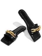 Purple Women's Slippers Summer Gold Chain Luxury Square Head Flat Heel Outdoor Beach Women Slides Sandals Leather Flat Sandals  Strap Slides With Chain Open Toe Summer Slippers Stevvex