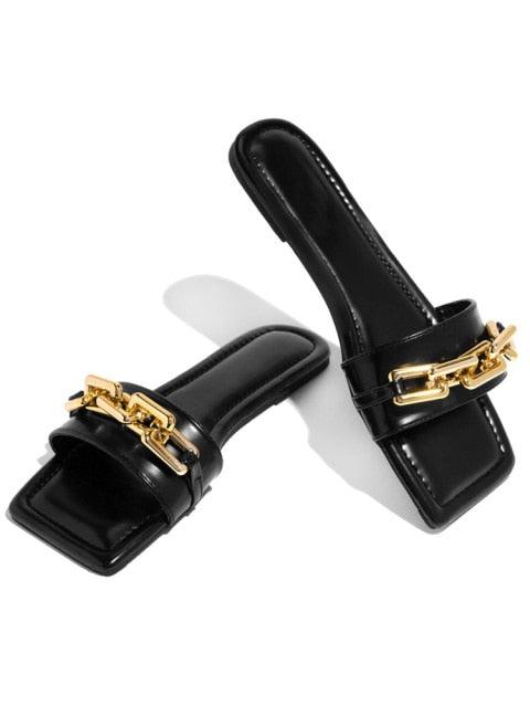 Purple Women's Slippers Summer Gold Chain Luxury Square Head Flat Heel Outdoor Beach Women Slides Sandals Leather Flat Sandals  Strap Slides With Chain Open Toe Summer Slippers Stevvex